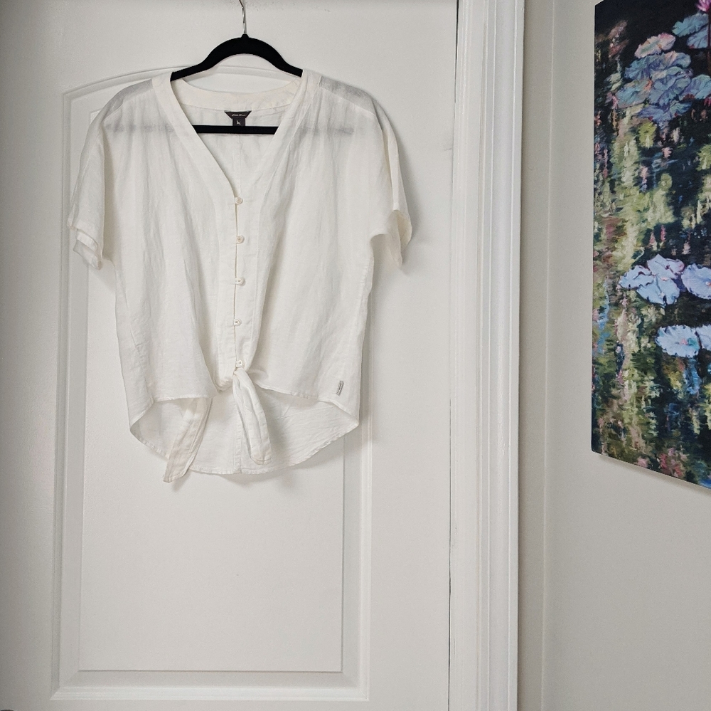 Eddie Bauer White Linen Blend Short Sleeves Button Front Top